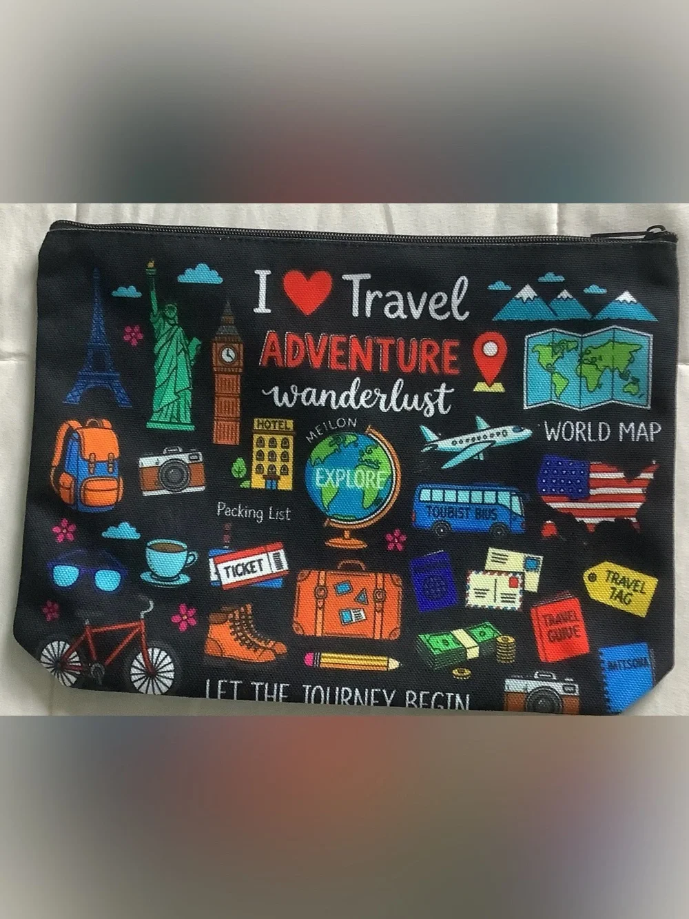 Travel-Themed Cosmetic Pouch - Black with Multicolor Graphics
